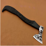 Forged Raven Carved Viking Axe with Black Handle