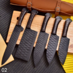 Handmade kitchen knives set with leather sheath, designed for precision cutting, featuring sharp blades and premium craftsmanship.