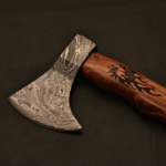 Handmade Damascus Steel Hatchet Axe with Rose Wood and Viking Symbol Handle