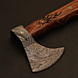 Handmade Damascus Steel Hatchet Axe with Rose Wood and Viking Symbol Handle