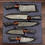 Damascus steel Kitchen set of 5 knives with Black Leather Sheath