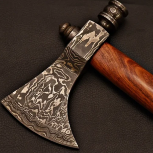 Damascus Steel Hatchet with Rose wood Handle with Steel Caps