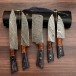 Damascus steel Kitchen set of 5 knives with Black Leather Sheath