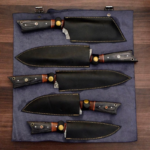 Damascus steel Kitchen set of 5 knives with Black Leather Sheath