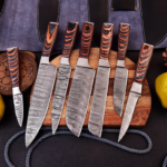 Forged Damascus Cooking knife set of 7pcs with Leather Cover