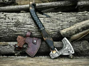 Hand Forged Carbon Steel Viking Axe with Leather wrapped Shaft