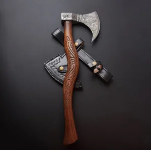 Viking Axe with Rose Wood Carving Shaft