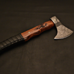 Handmade Damascus Steel Hatchet Axe with Rose Wood and Viking Symbol Handle