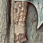 Engraved Ash Wood Handle of Viking Pizza Cutter Axe - Detailed Craftsmanship, Ergonomic Design