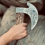 Viking Pizza Cutter Axe Demonstrated with an Hand - Sharp Blade and Engraved Handle, Kitchen Use