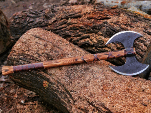 High Quality Masterpiece Carbon Steel Twin-Blade Axe with dual sharp blades and ergonomic handle for efficient chopping and cutting.